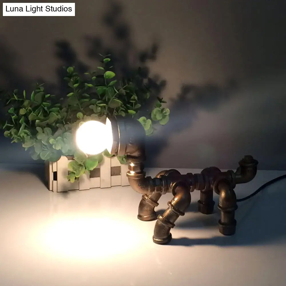 Vintage Metallic Brass Robot Design Table Lamp - Unique Coffee Shop Light With Plumbing Pipe Accent