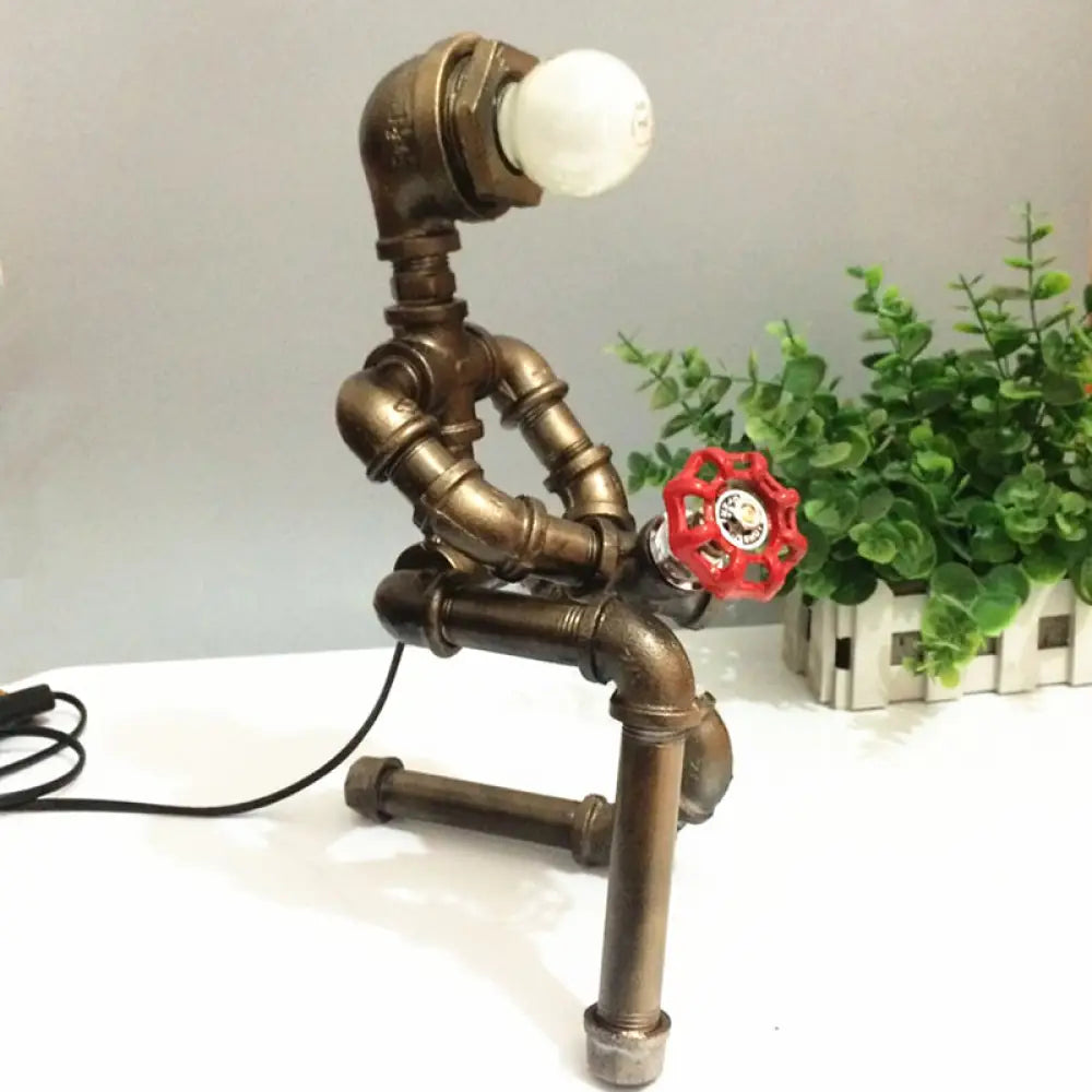Vintage Metallic Brass Robot Design Table Lamp - Unique Coffee Shop Light With Plumbing Pipe Accent