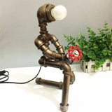 Vintage Metallic Brass Robot Design Table Lamp - Unique Coffee Shop Light With Plumbing Pipe Accent