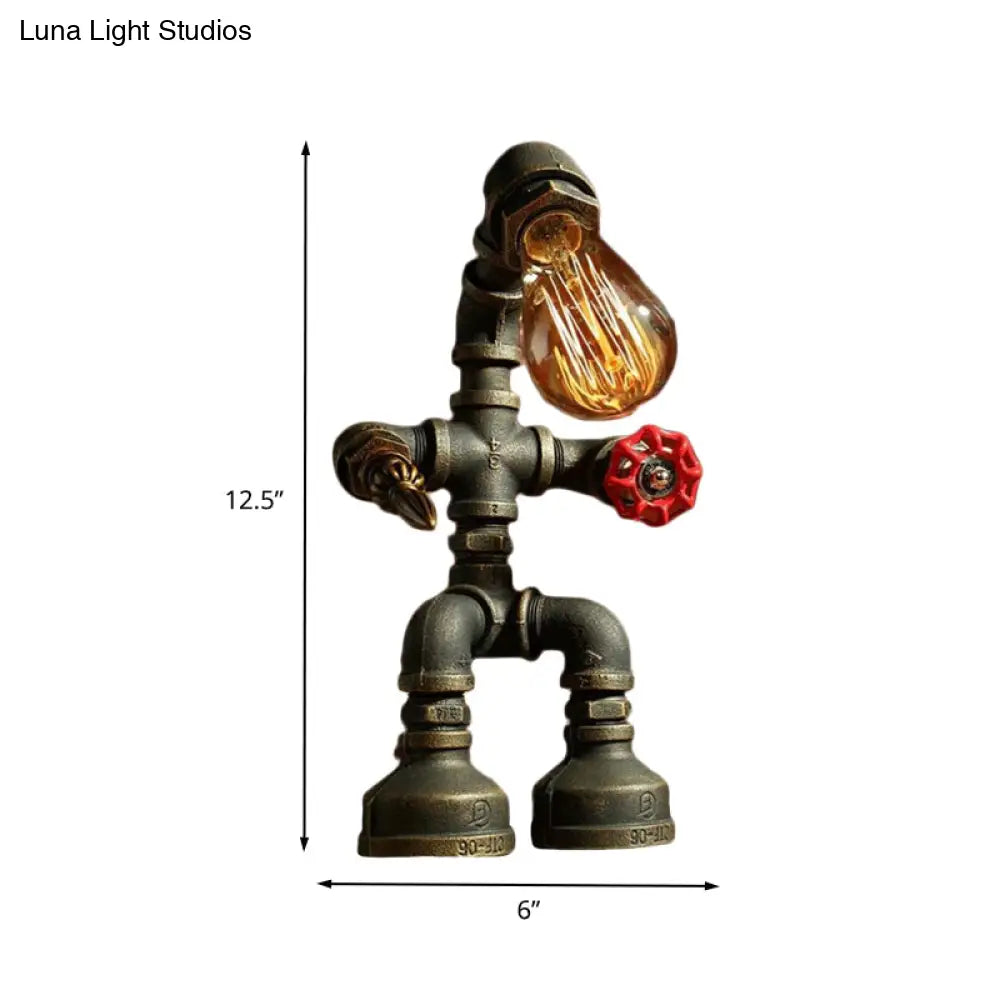 Vintage Metallic Robot Bedside Nightlight: 1-Bulb Bronze Finish Desk Lamp With Red Valve Deco