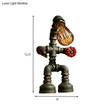 Vintage Metallic Robot Bedside Nightlight: 1-Bulb Bronze Finish Desk Lamp With Red Valve Deco