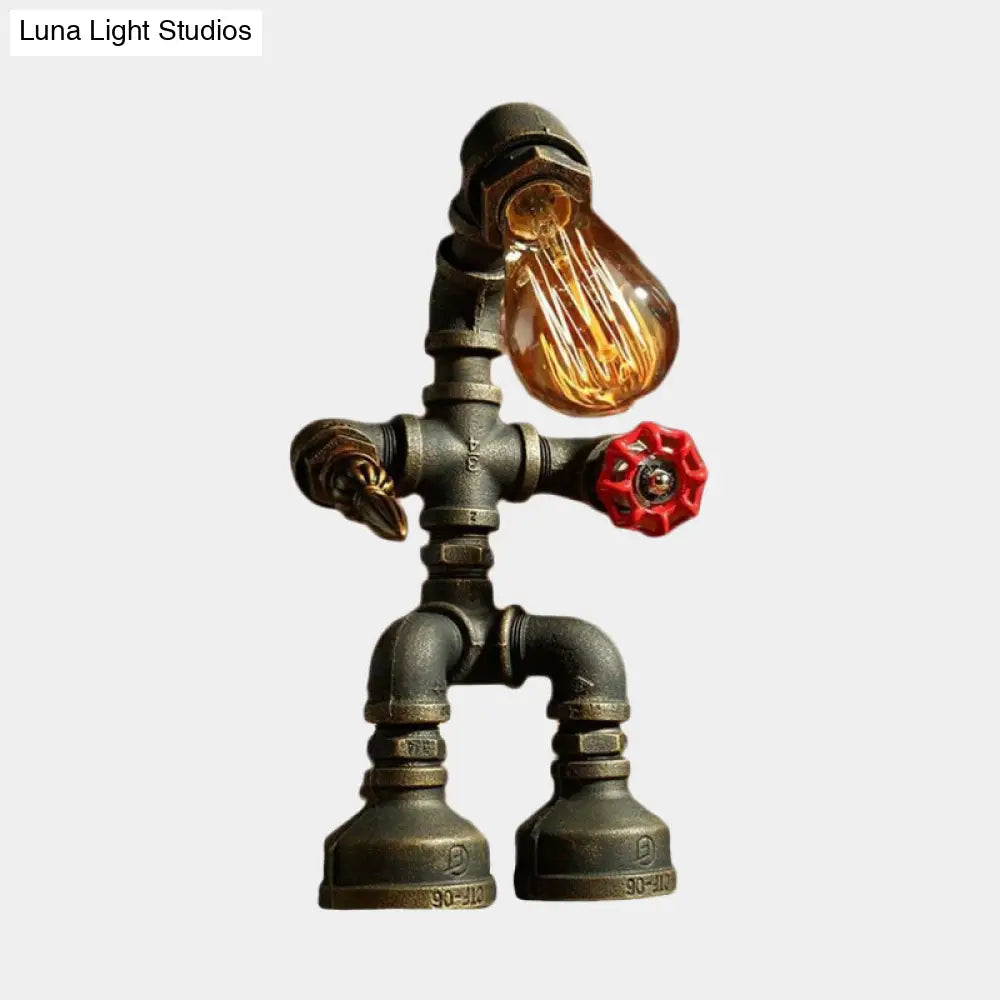 Vintage Metallic Robot Bedside Nightlight: 1-Bulb Bronze Finish Desk Lamp With Red Valve Deco
