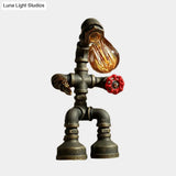 Vintage Metallic Robot Bedside Nightlight: 1-Bulb Bronze Finish Desk Lamp With Red Valve Deco
