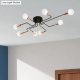 Vintage Metallic Semi Flush Light With Sputnik Design In Antique Brass/Black - Exposed Ceiling