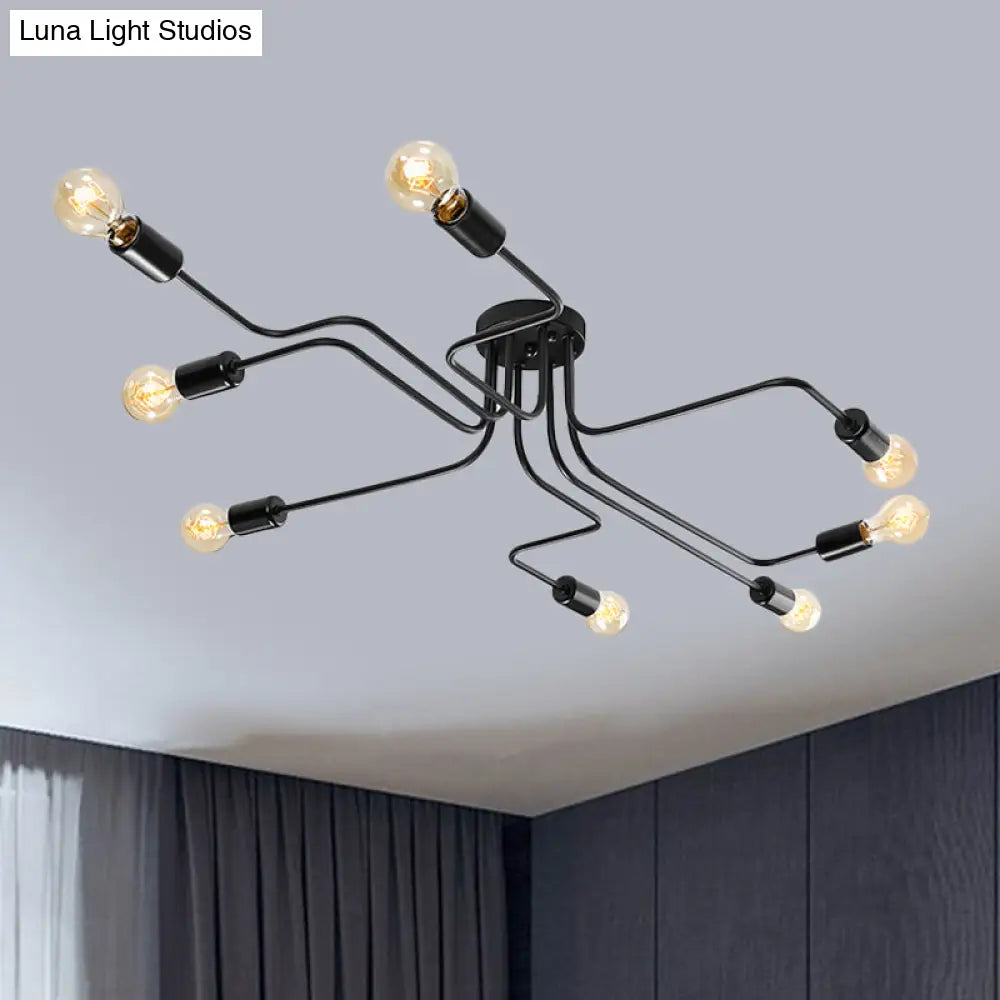Vintage Metallic Semi Flush Light With Sputnik Design In Antique Brass/Black - Exposed Ceiling
