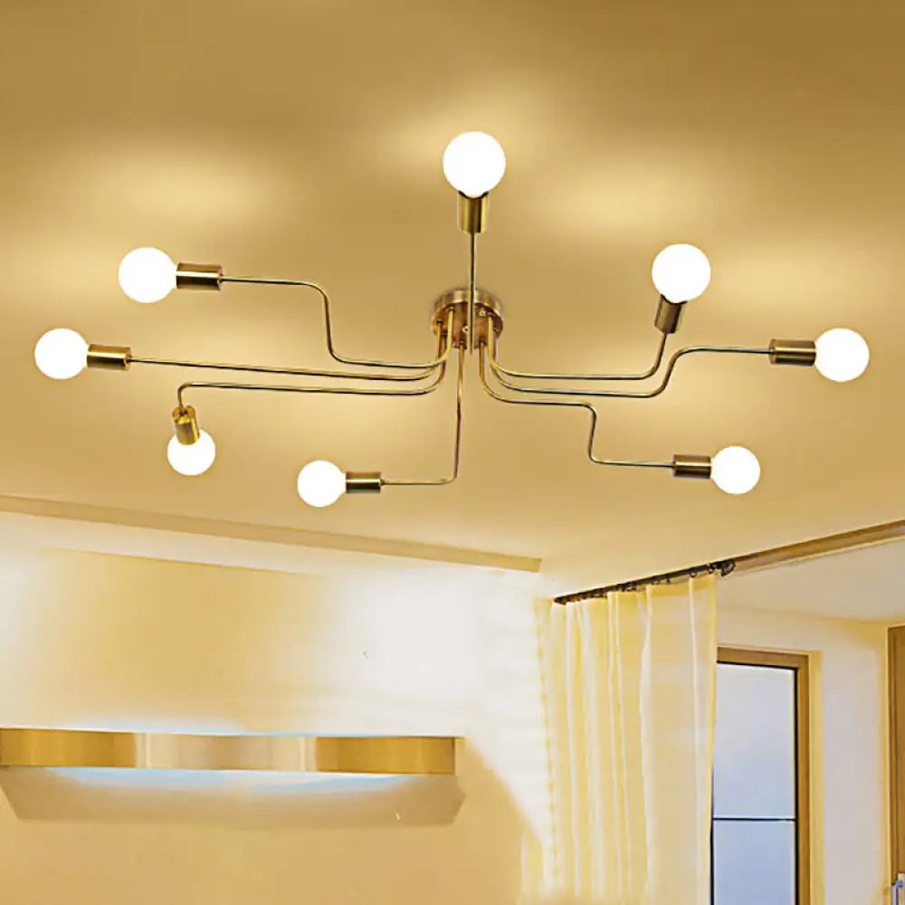 Vintage Metallic Semi Flush Light With Sputnik Design In Antique Brass/Black - Exposed Ceiling