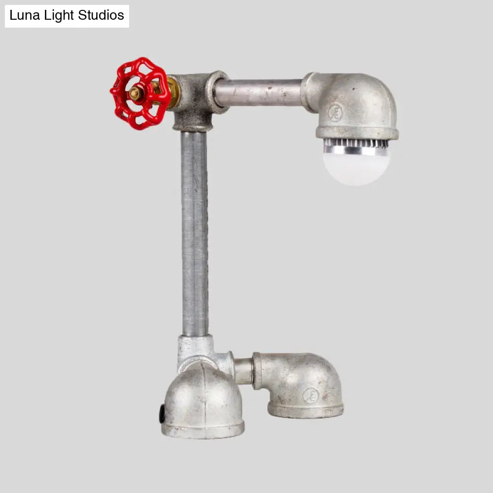 Vintage Night Table Lamp - Metallic Grey Finish Right Angle Pipe Design With Valve Handle And 1 Bulb