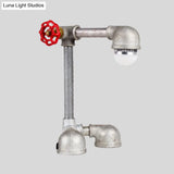 Vintage Night Table Lamp - Metallic Grey Finish Right Angle Pipe Design With Valve Handle And 1 Bulb