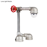 Vintage Night Table Lamp - Metallic Grey Finish Right Angle Pipe Design With Valve Handle And 1 Bulb