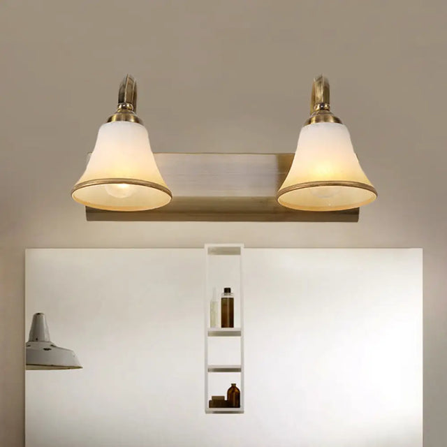 Vintage Opal Glass Bell Wall Mounted Vanity Sconce With Gold Finish And Metal Swooping Arm - 2/3/4