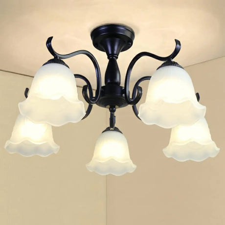 Vintage Opal Glass Semi Flush Mount Chandelier - Black Bell Shaped Ceiling Light For Living Room 5