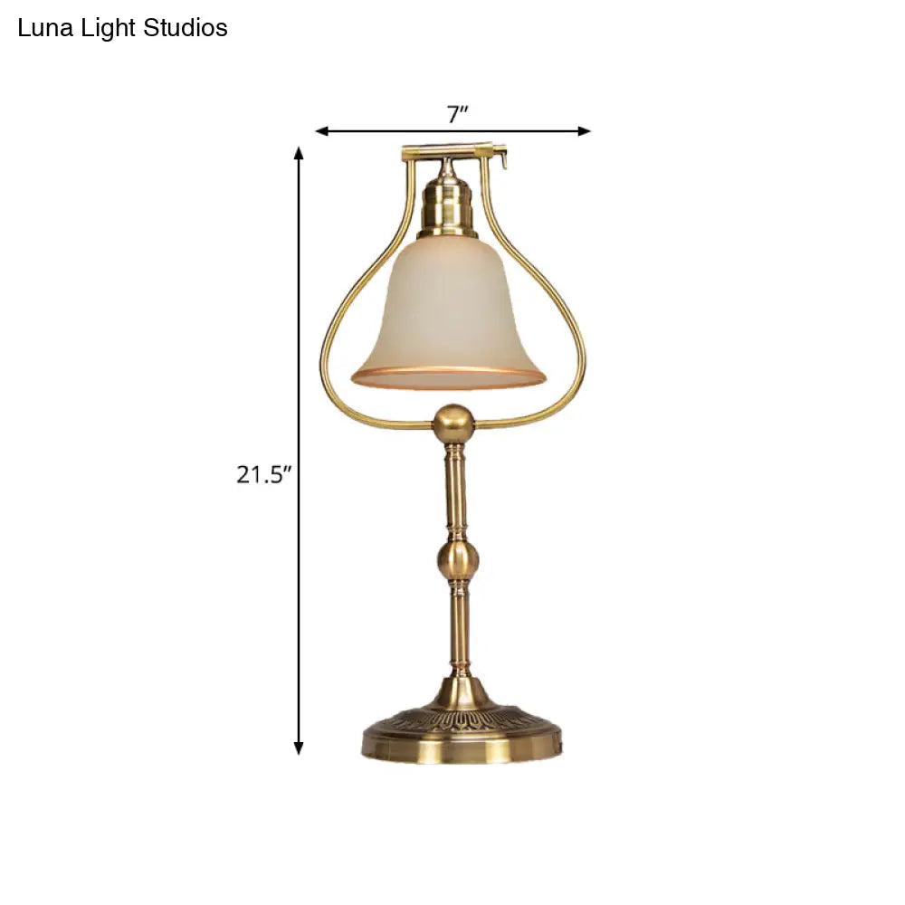 Vintage Opal Glass Table Lamp With Brass Jar Frame And Bell Shade