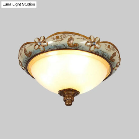 Vintage Opaline Glass Dome Ceiling Lamp With Blue - White Flush Mount And Bloom Decoration