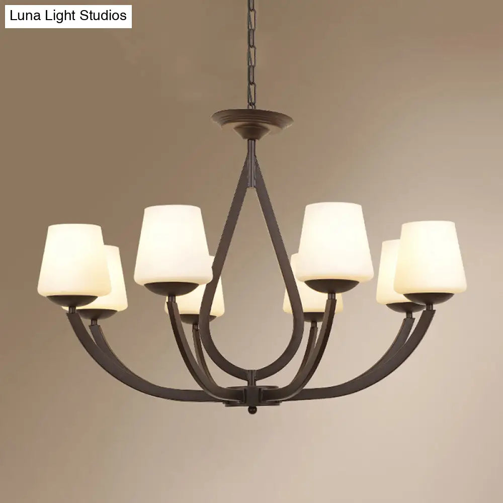 Vintage Pendant Light With Milk Glass Shade - Metal Black Finish Chandelier Swoop Arm