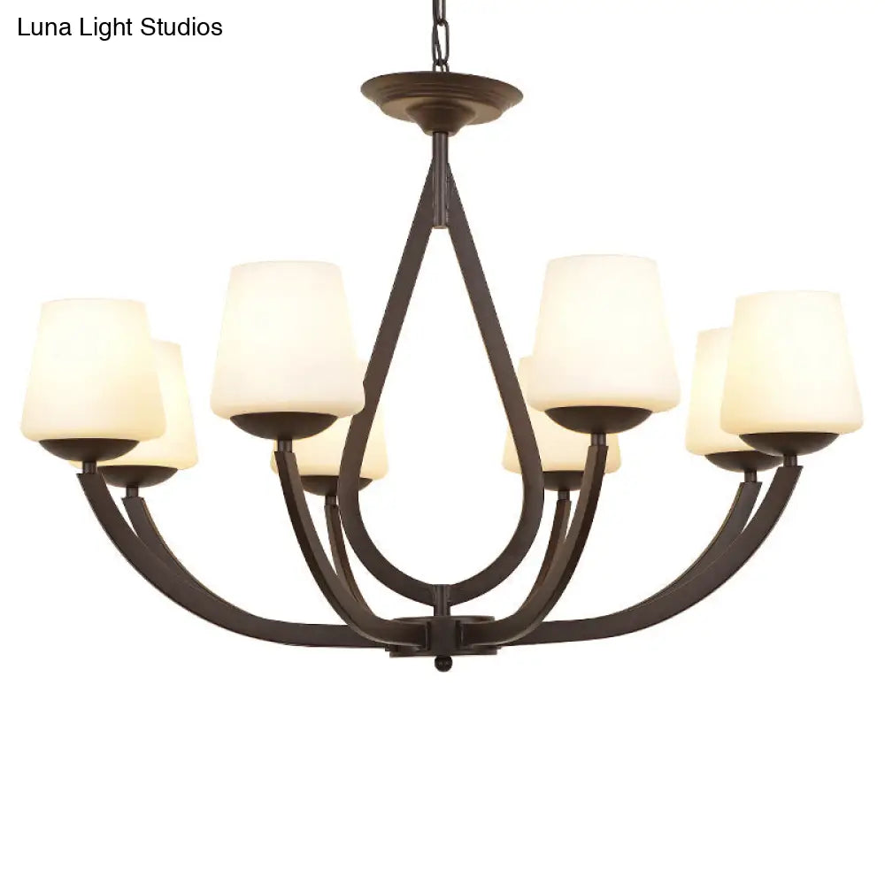 Vintage Pendant Light With Milk Glass Shade - Metal Black Finish Chandelier Swoop Arm