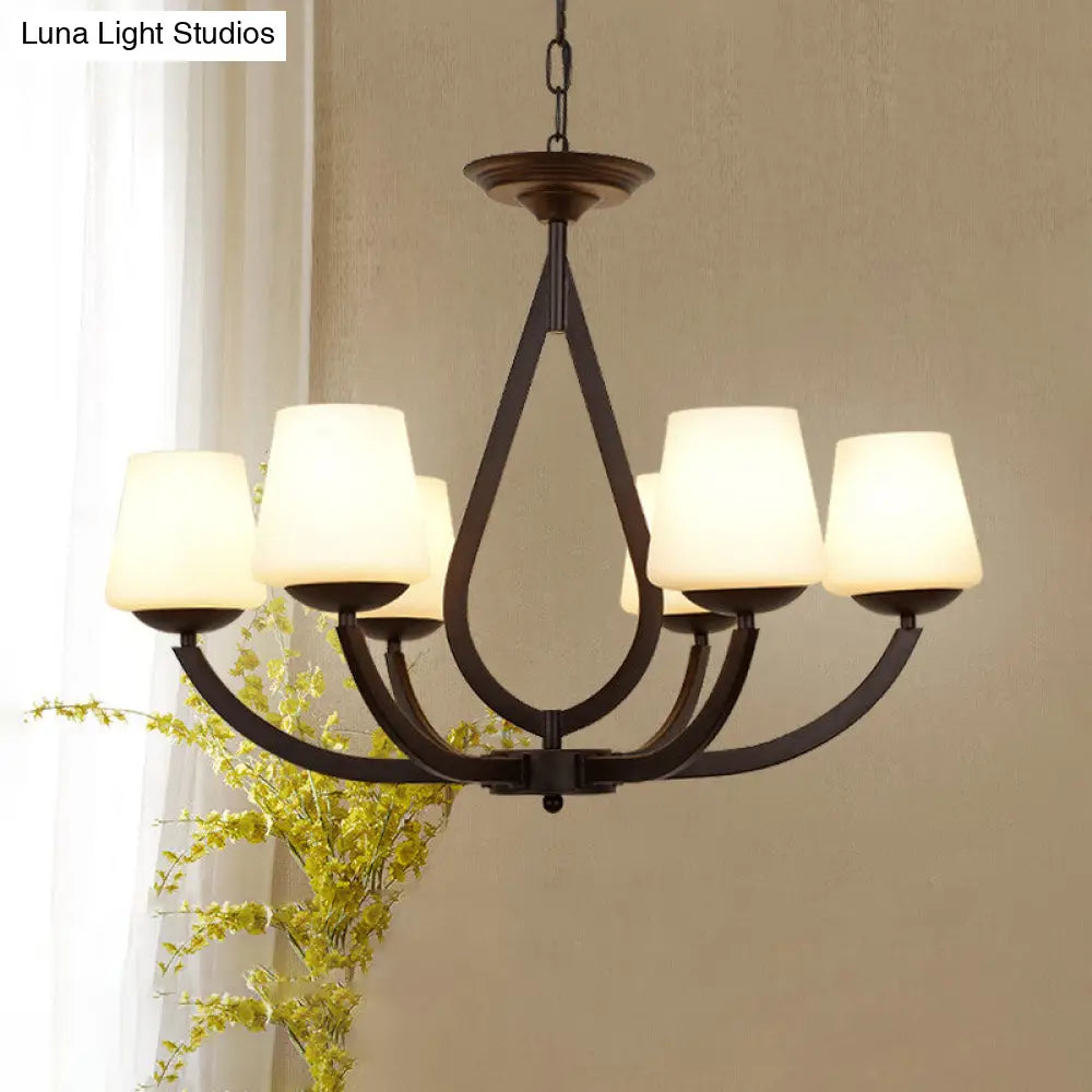 Vintage Pendant Light With Milk Glass Shade - Metal Black Finish Chandelier Swoop Arm