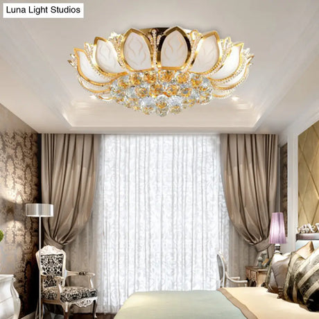 Vintage Petal Flushed Gold Ceiling Light With Frosted Glass & Clear Crystal Ball Décor - 18’/19.5’ W