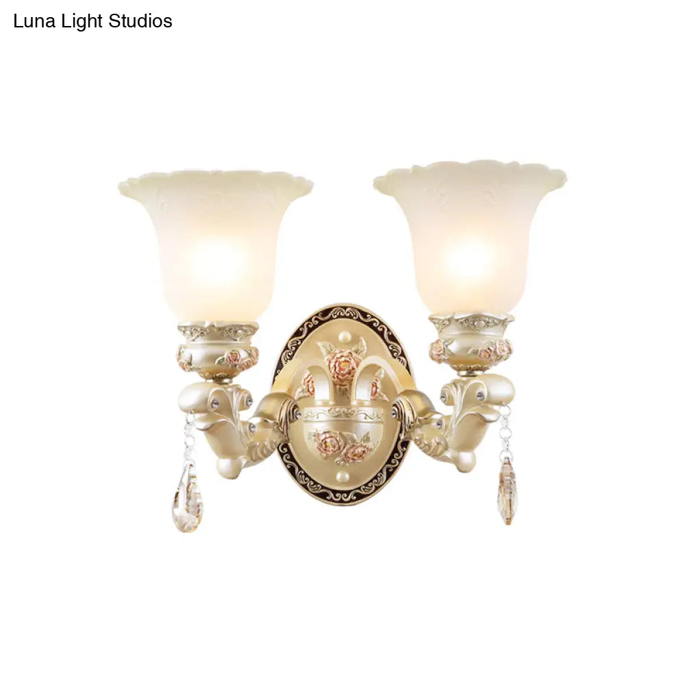 Vintage Petal Glass Wall Sconce With Ivory Carved Backplate For Living Room