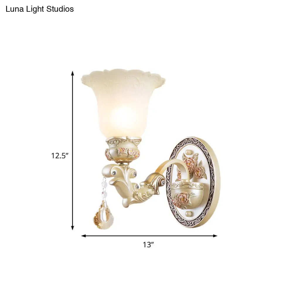 Vintage Petal Glass Wall Sconce With Ivory Carved Backplate For Living Room