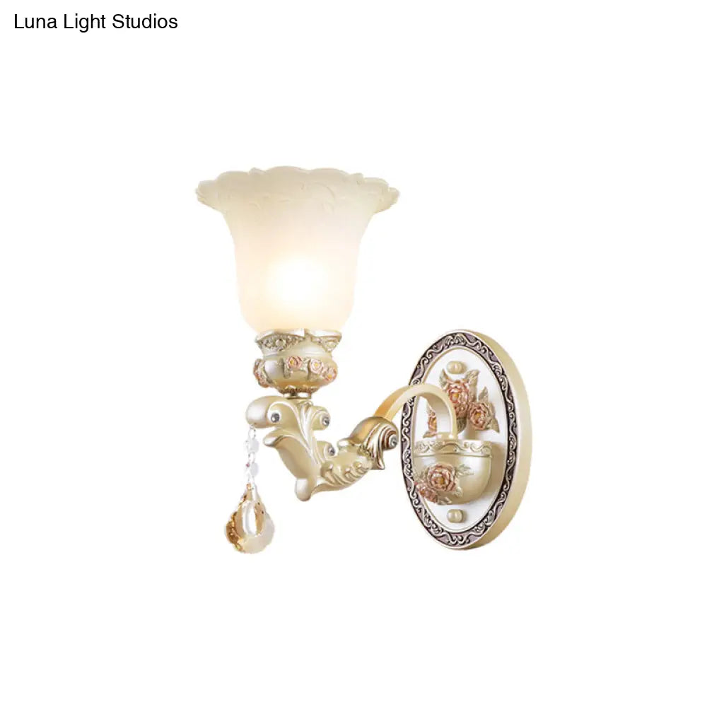 Vintage Petal Glass Wall Sconce With Ivory Carved Backplate For Living Room