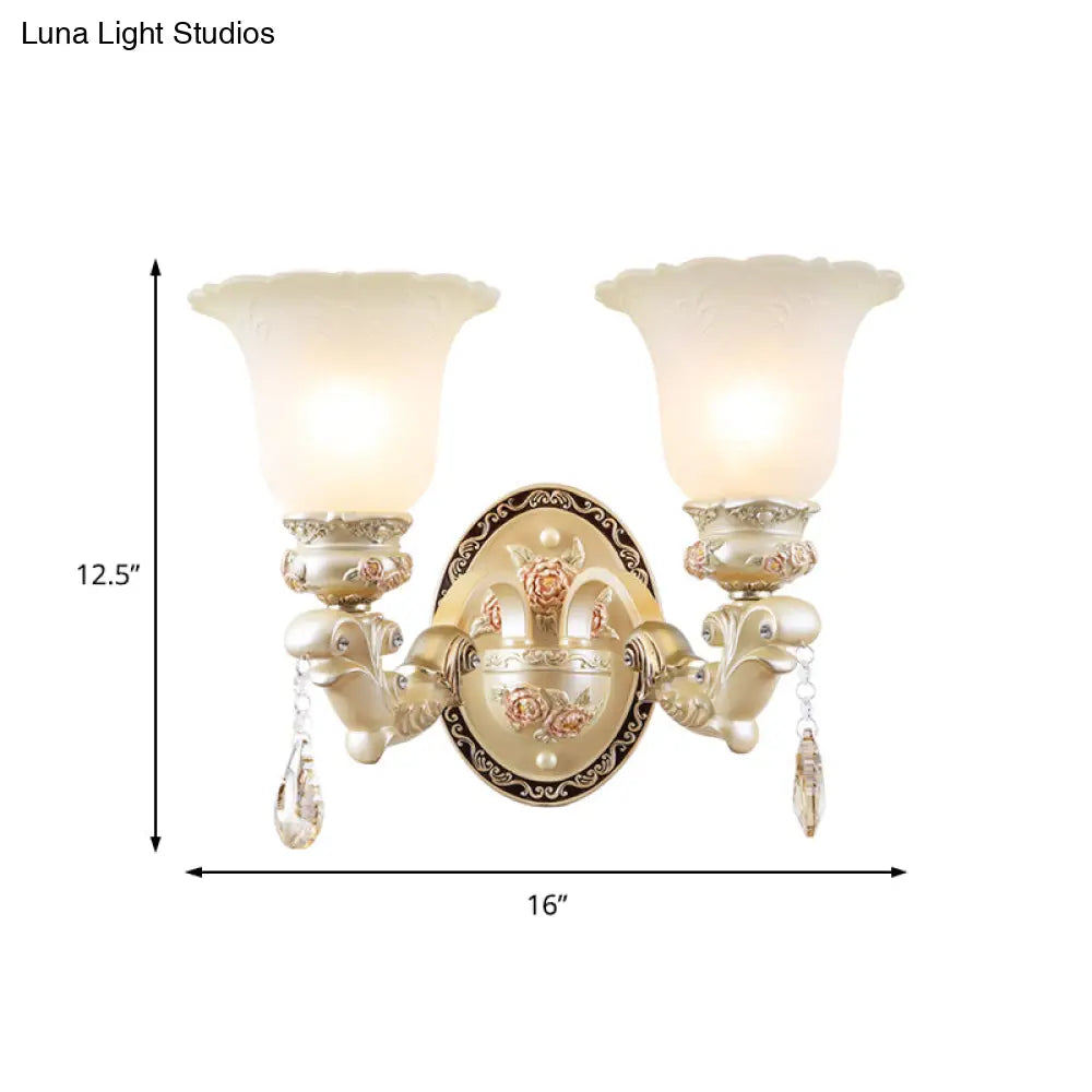 Vintage Petal Glass Wall Sconce With Ivory Carved Backplate For Living Room
