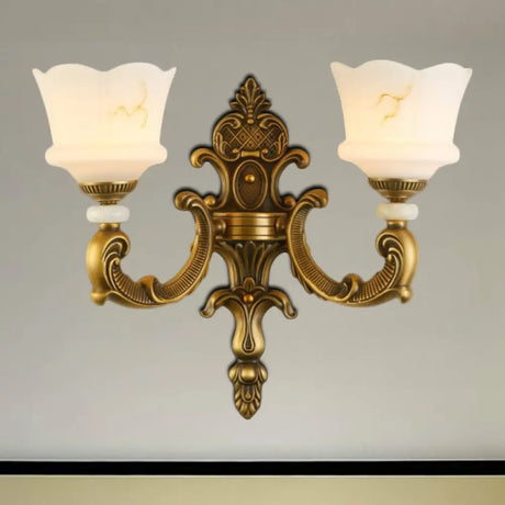 Vintage Petal Sconce Light Fixture - Opal Glass Wall Lamp In Brass For Bedroom 2 /