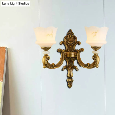 Vintage Petal Sconce Light Fixture - Opal Glass Wall Lamp In Brass For Bedroom