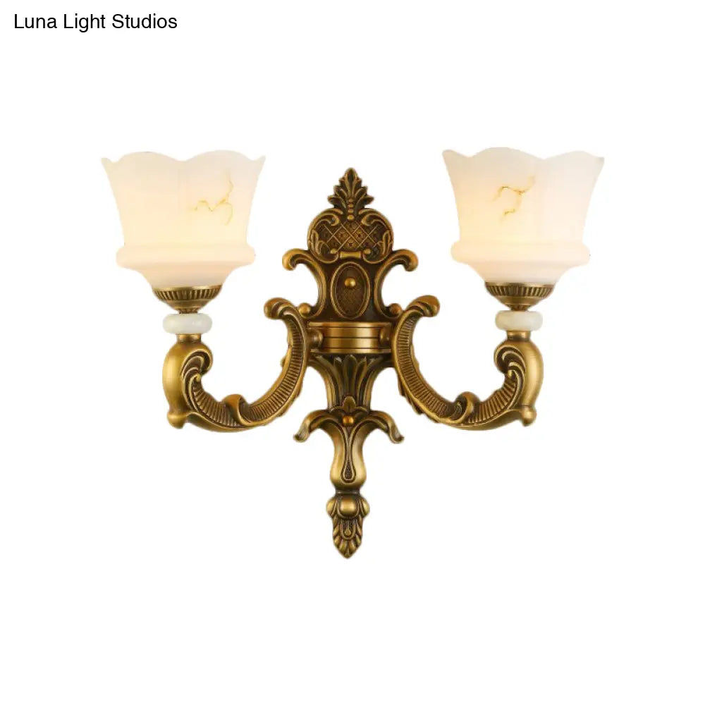 Vintage Petal Sconce Light Fixture - Opal Glass Wall Lamp In Brass For Bedroom