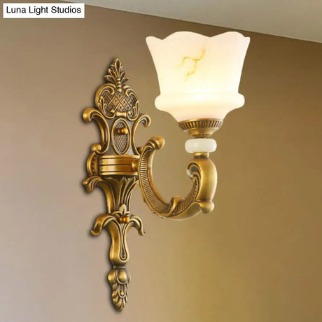 Vintage Petal Sconce Light Fixture - Opal Glass Wall Lamp In Brass For Bedroom