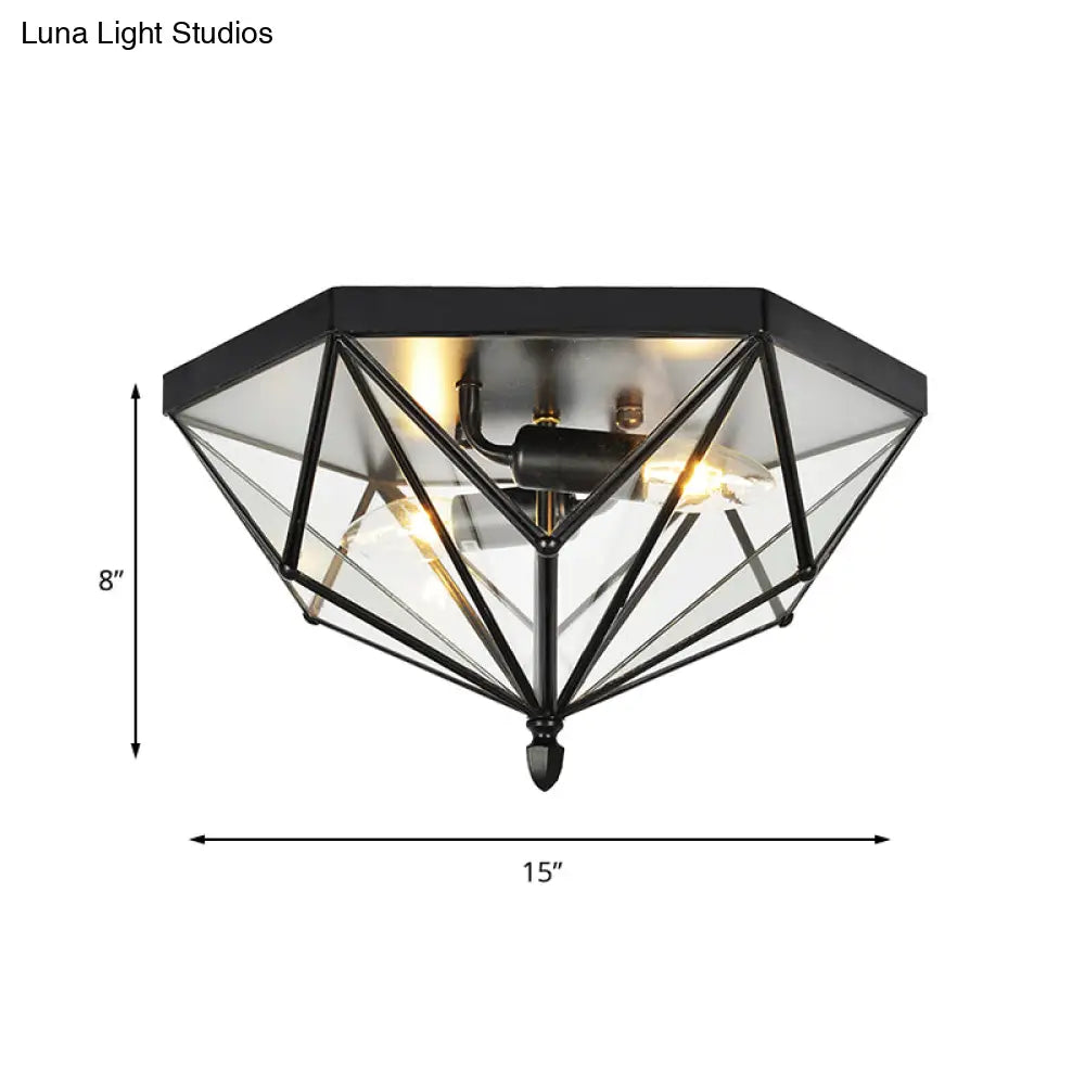 Vintage Polyhedron Clear Glass Ceiling Light - Single Bulb Flushmount In Black For Foyer
