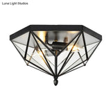Vintage Polyhedron Clear Glass Ceiling Light - Single Bulb Flushmount In Black For Foyer