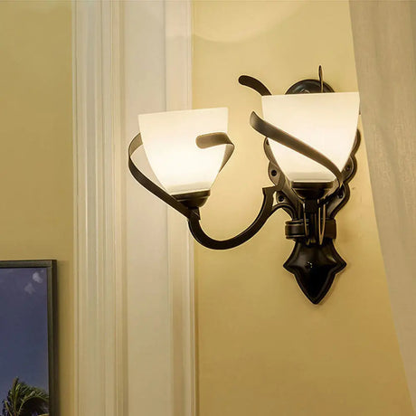 Vintage Porch Wall Lamp - White Glass Black Dome Sconce With Curvy Arm 1/2-Light 2 /