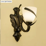 Vintage Porch Wall Lamp - White Glass Black Dome Sconce With Curvy Arm 1/2-Light