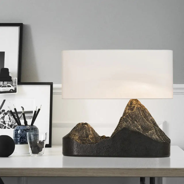 Vintage Resin 1-Light Black Night Stand Lamp With Drum Fabric Shade - Mountain Design