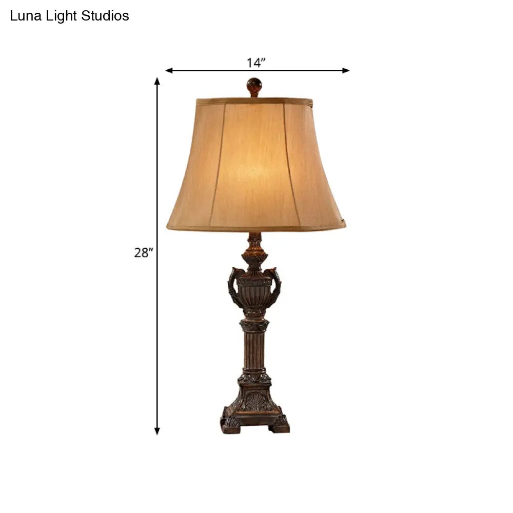 Vintage Resin Bronze Column Table Lamp With Flared Fabric Shade - 1 Light For Living Room Reading