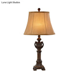 Vintage Resin Bronze Column Table Lamp With Flared Fabric Shade - 1 Light For Living Room Reading