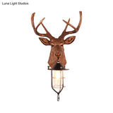 Vintage Resin Deer-Head Wall Lamp Sconce With Cage - Brown 1 Bulb Mount Lighting