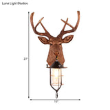 Vintage Resin Deer-Head Wall Lamp Sconce With Cage - Brown 1 Bulb Mount Lighting