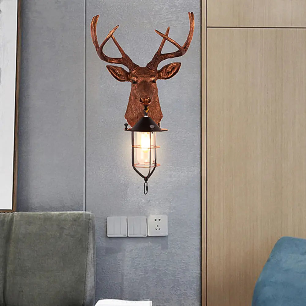Vintage Resin Deer-Head Wall Lamp Sconce With Cage - Brown 1 Bulb Mount Lighting