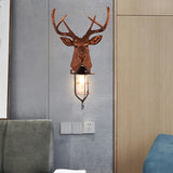 Vintage Resin Deer-Head Wall Lamp Sconce With Cage - Brown 1 Bulb Mount Lighting