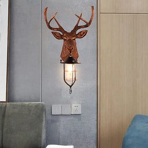 Vintage Resin Deer-Head Wall Lamp Sconce With Cage - Brown 1 Bulb Mount Lighting