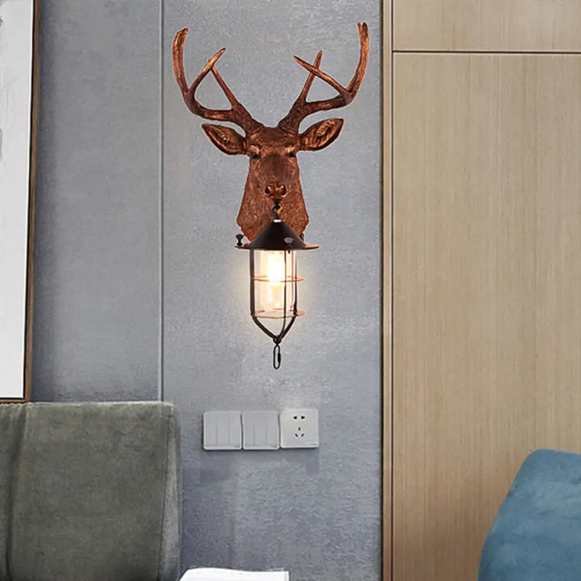 Vintage Resin Deer-Head Wall Lamp Sconce With Cage - Brown 1 Bulb Mount Lighting