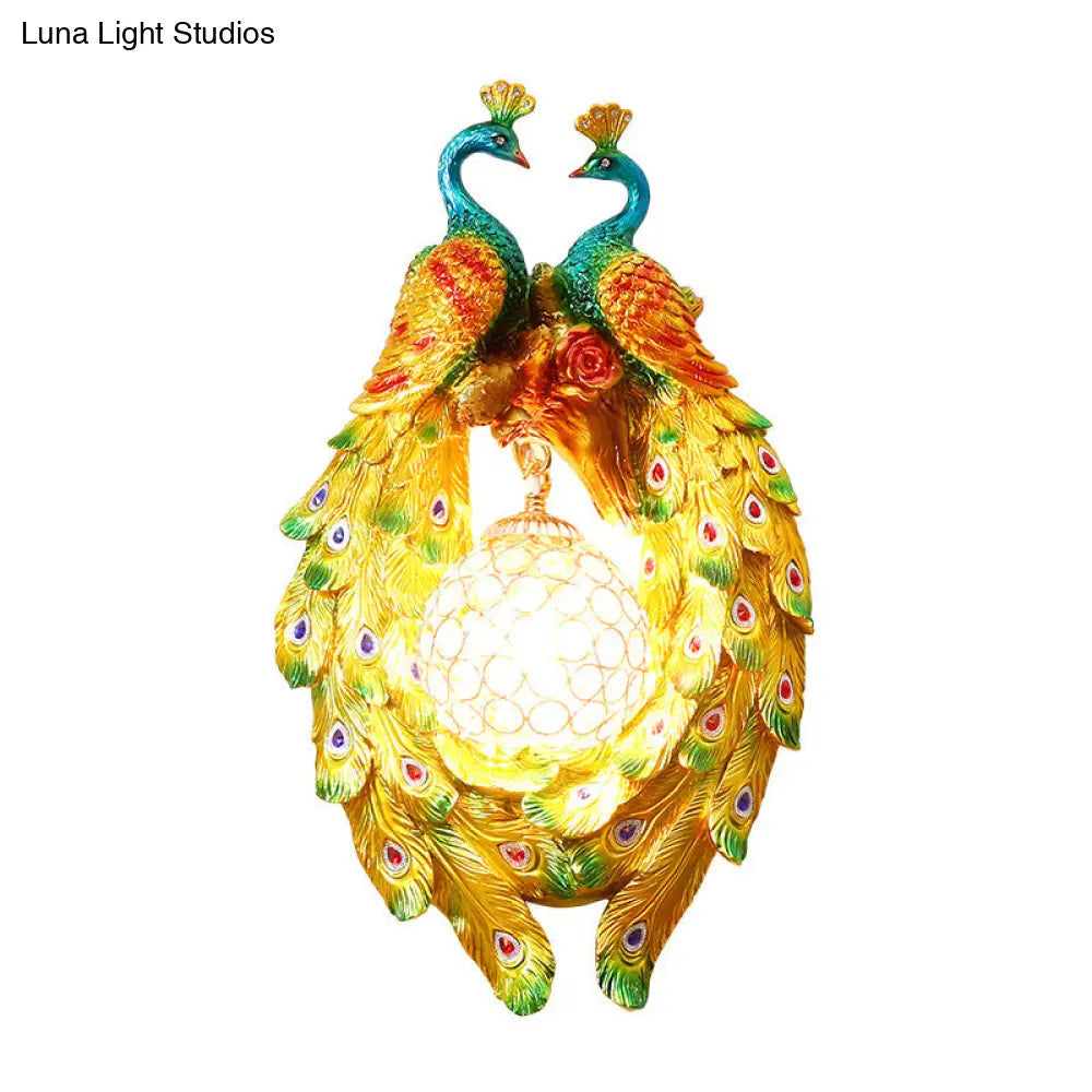 Vintage Resin Peacock Wall Lamp With Clear Crystal Shade - Yellow Single Bulb Light Fixture