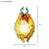 Vintage Resin Peacock Wall Lamp With Clear Crystal Shade - Yellow Single Bulb Light Fixture