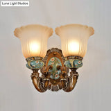 Vintage Resin Scallop Sconce Light - Peacock Green Wall Lighting Fixture With Glass Shade