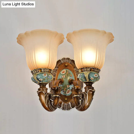 Vintage Resin Scallop Sconce Light - Peacock Green Wall Lighting Fixture With Glass Shade
