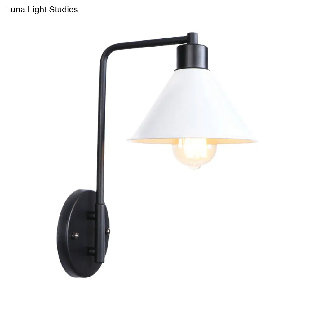 Vintage Retro Metallic White Conic Wall Lamp: Stylish Angle Arm Mount Light For Study Room (1 Bulb)