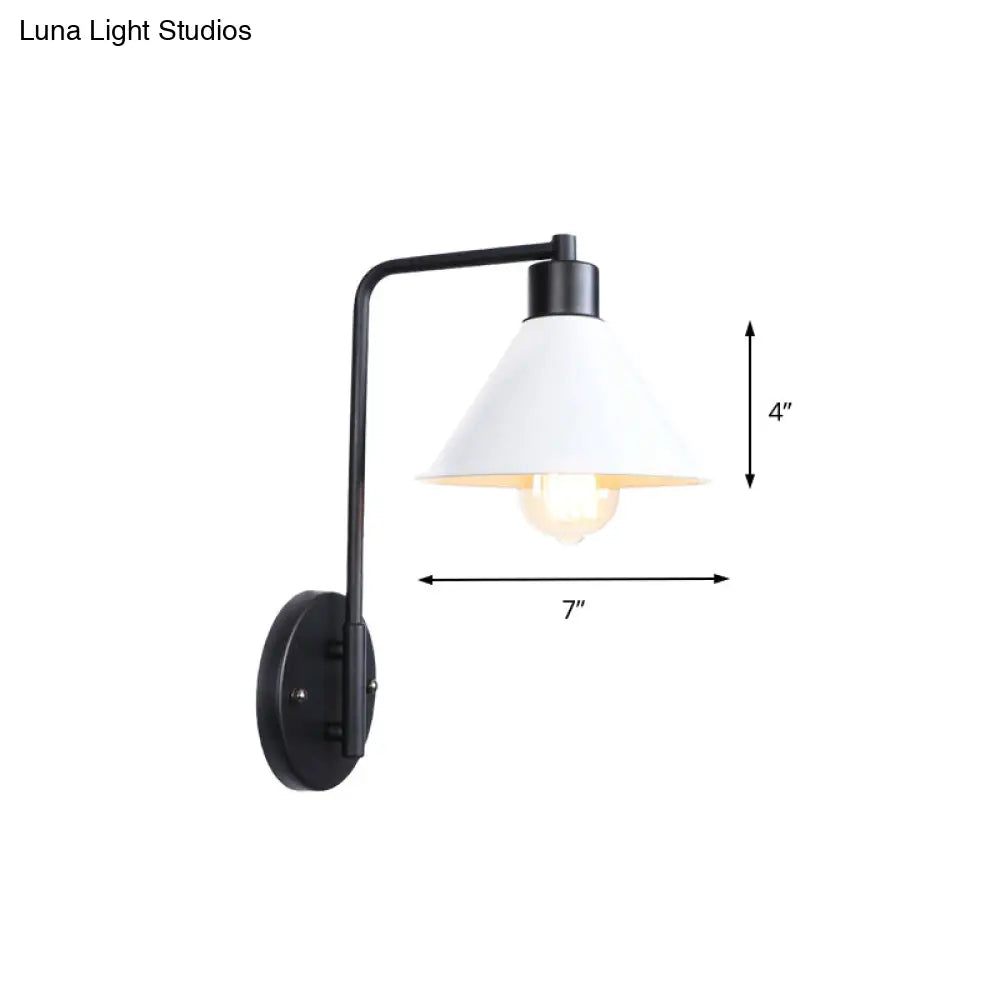 Vintage Retro Metallic White Conic Wall Lamp: Stylish Angle Arm Mount Light For Study Room (1 Bulb)