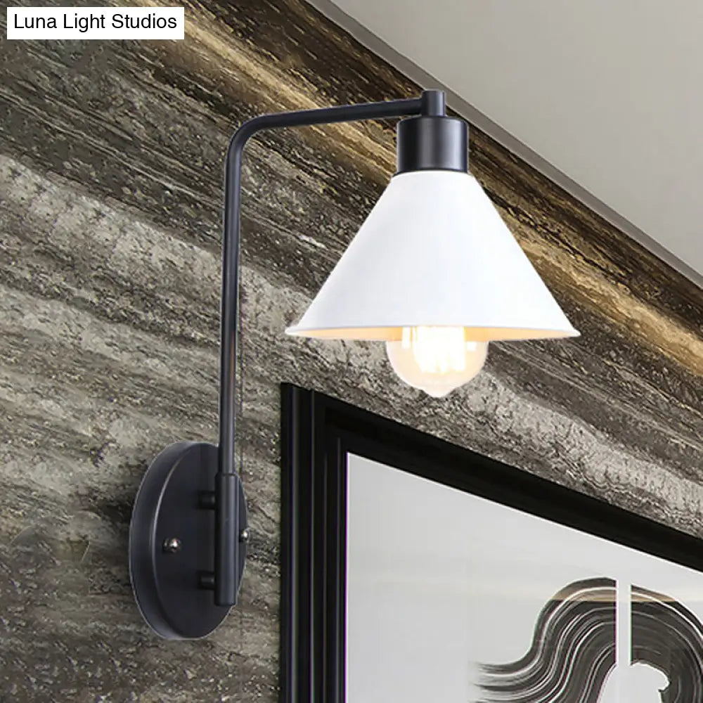 Vintage Retro Metallic White Conic Wall Lamp: Stylish Angle Arm Mount Light For Study Room (1 Bulb)