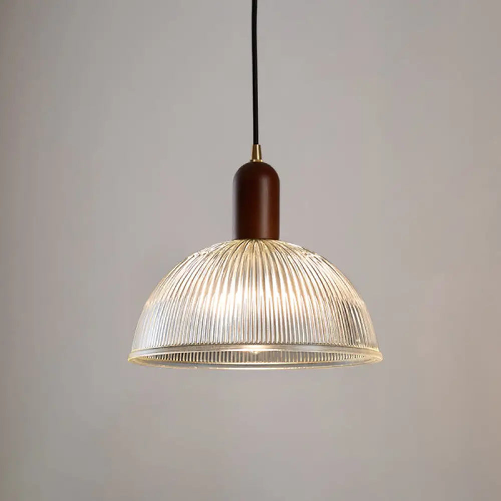 Vintage Ribbed Glass Bowl Pendant Light For Restaurants Clear / 12